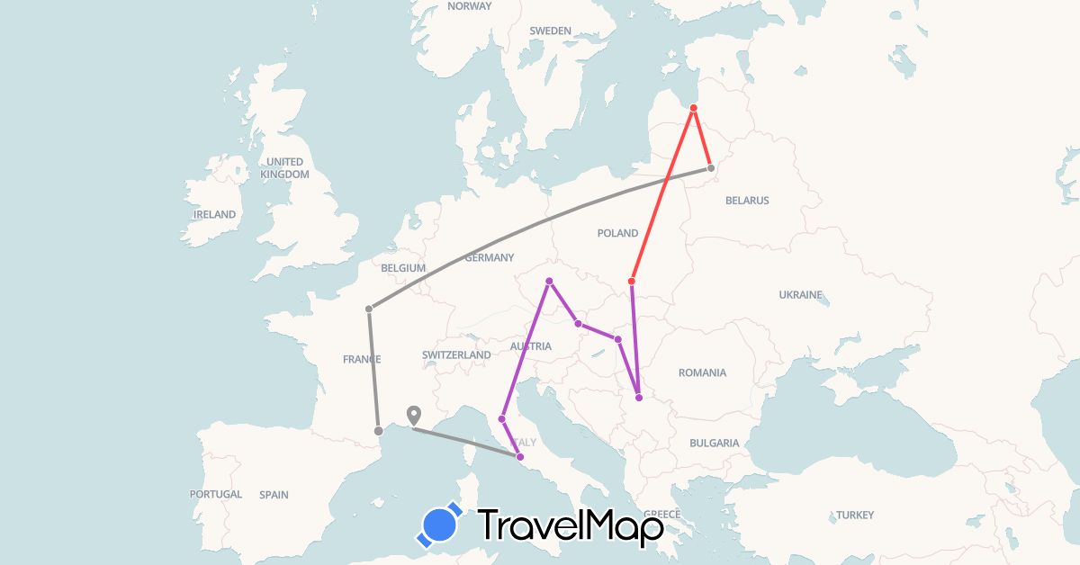 TravelMap itinerary: driving, plane, train, hiking in Austria, Czech Republic, France, Hungary, Italy, Lithuania, Latvia, Poland, Serbia (Europe)